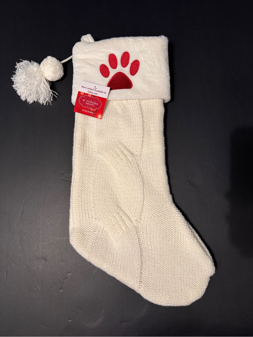 Kohl's Cream Dog Stocking with Red Paw Accent